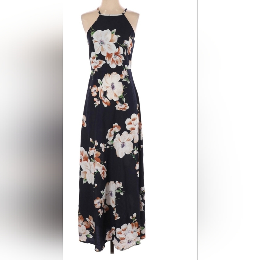 Casual Navy Blue Floral Maxi Dress.